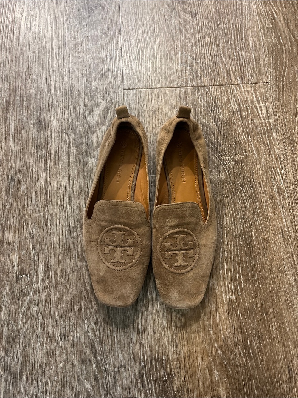 Tory Burch Suede Logo Slip-On Loafers Style Flats in Taupe Brown